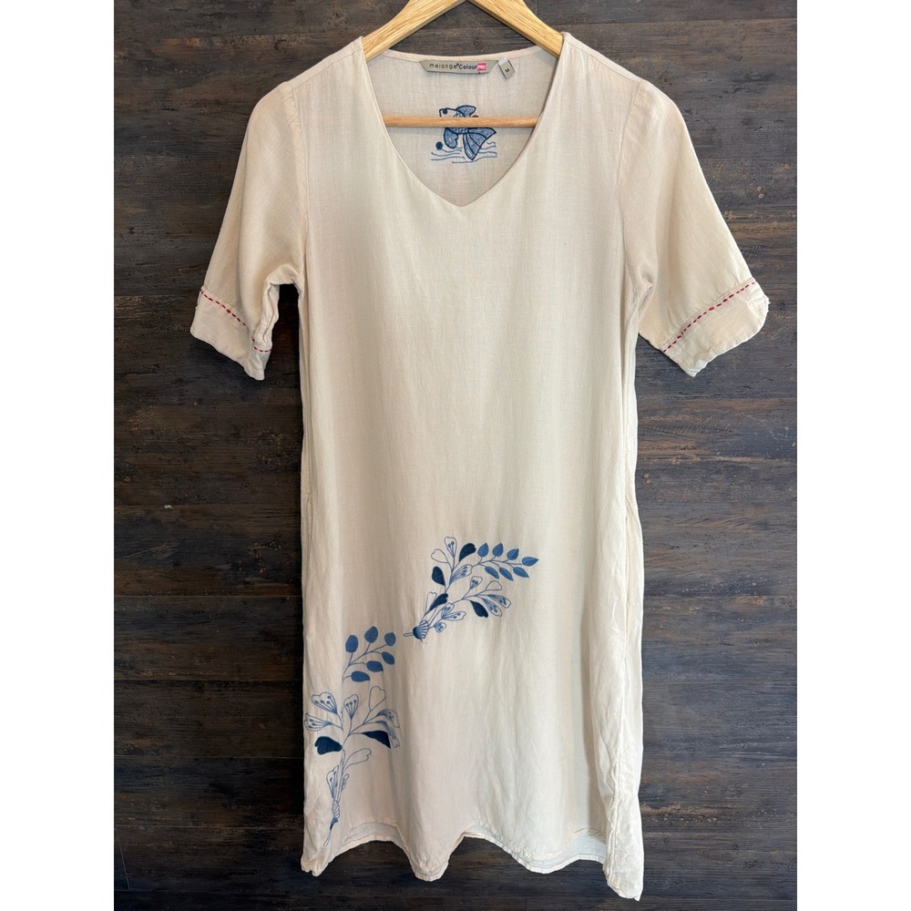Melange Colour Me Cream Linen Blend Embroidered Shift Dress V-Neck Pockets M